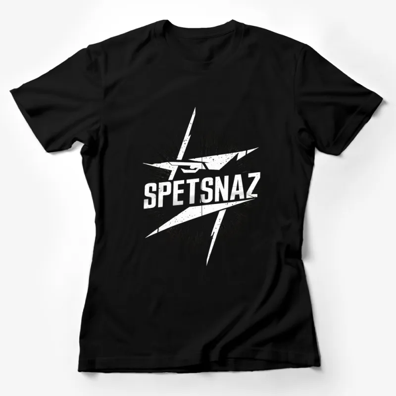 Spetsnaz Star Graphic T-Shirt, Black and White Military Style Tee, Bold Text Design Female T-Shirt