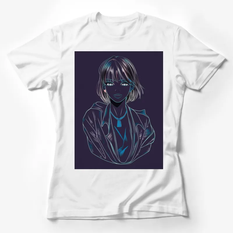 Neon Blue Line Art Girl Portrait T-Shirt, Trendy Colorful Youthful Graphic Tee Female T-Shirt