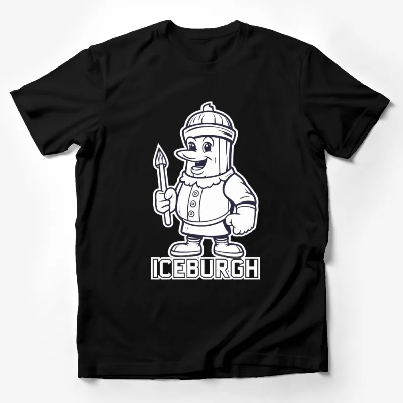 Iceburgh Cartoon Character T-Shirt, Cute Animated Iceberg with Hat and Spear, Monochrome Graphic Tee Male T-Shirt