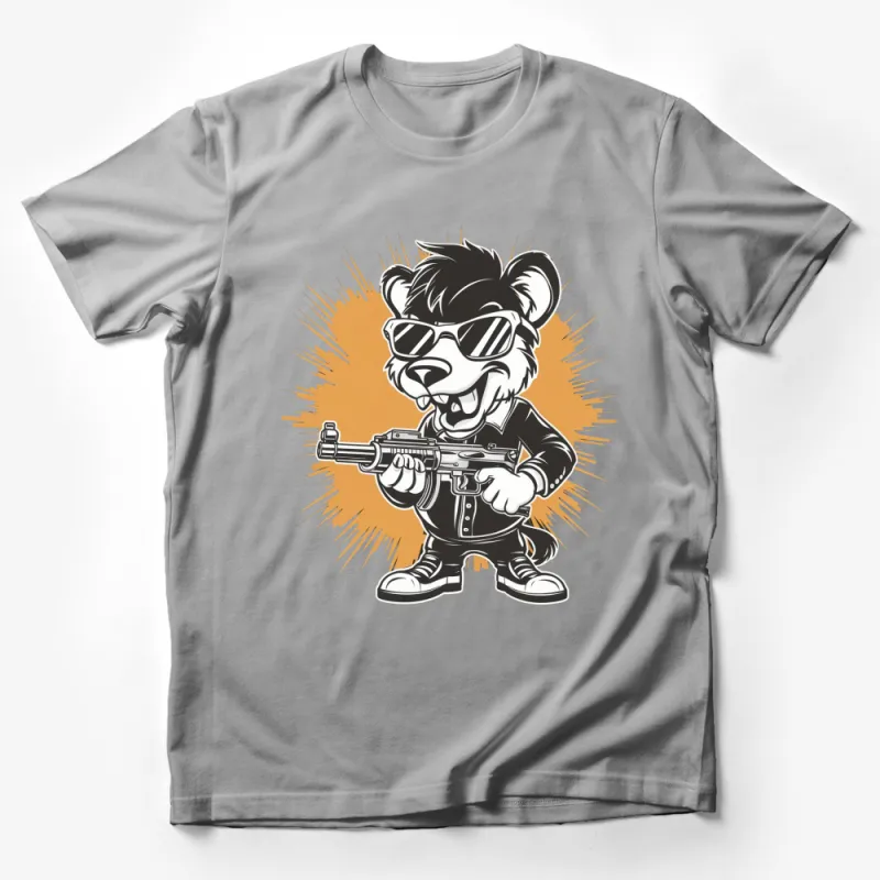 Cartoon Bear Gangster with Gun Printed T-shirt, Unisex Black and White Shirt, Cool Graphic Tee, Novelty Gift Idea Male T-Shirt