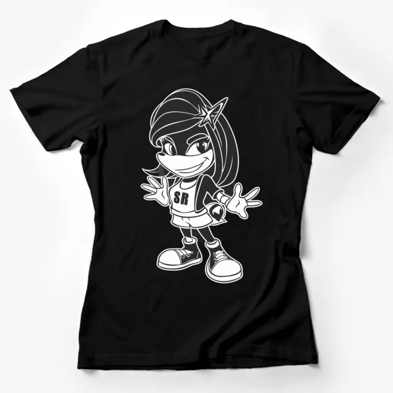 Cool Hip-Hop Cartoon Character T-Shirt, Black and White Star Design, Streetwear Graphic Tee, Trendy Urban Apparel Female T-Shirt