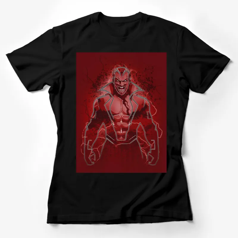 Men's Red Graphic T-Shirt, Aggressive Demon Design, Unique Comic Style, Bold Illustration Female T-Shirt