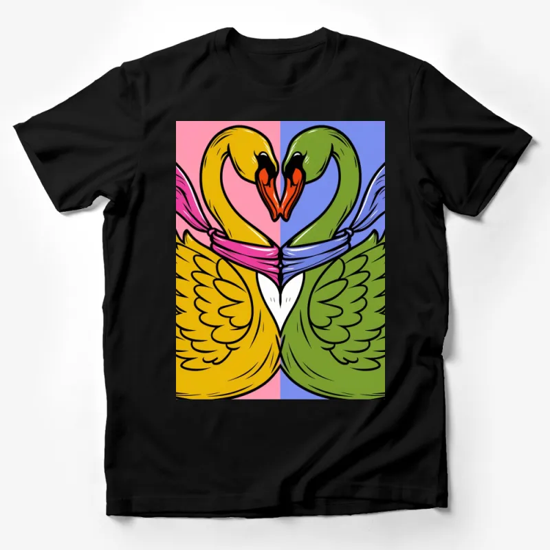 Colorful Swan Love Heart T-Shirt, Romantic Bird Graphic Tee, Unique Wildlife Art Top Male T-Shirt