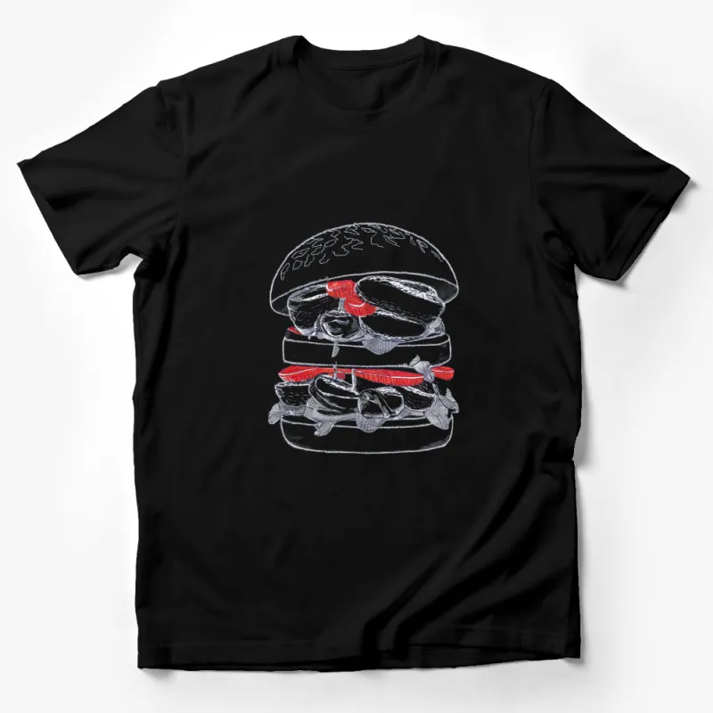 Graphic Tee with Red and White Burger Illustration, Unisex T-Shirt Design, Casual Streetwear Male T-Shirt