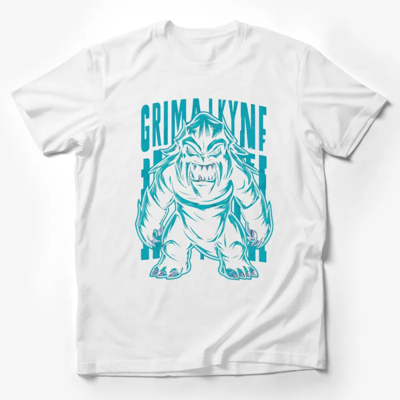 GrimalKyne Monster Graphic T-Shirt, Men's Unique Beast Print, Casual Streetwear, Bold Turquoise and White Tee Male T-Shirt