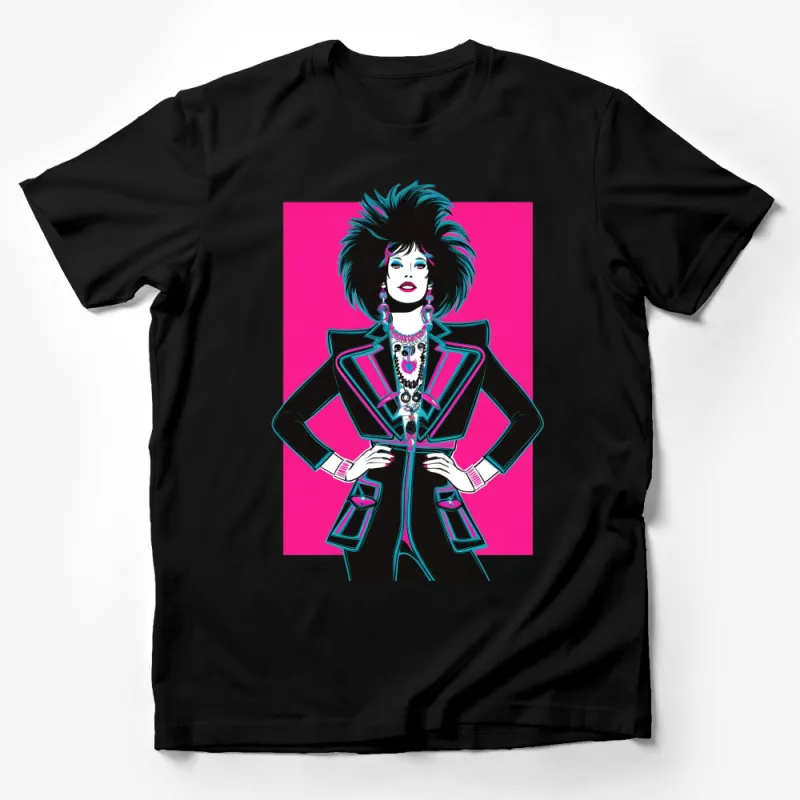 Vibrant Pink and Black Retro Fashion Illustration T-Shirt, Bold Pop Art Style, Unique Graphic Tee Male T-Shirt