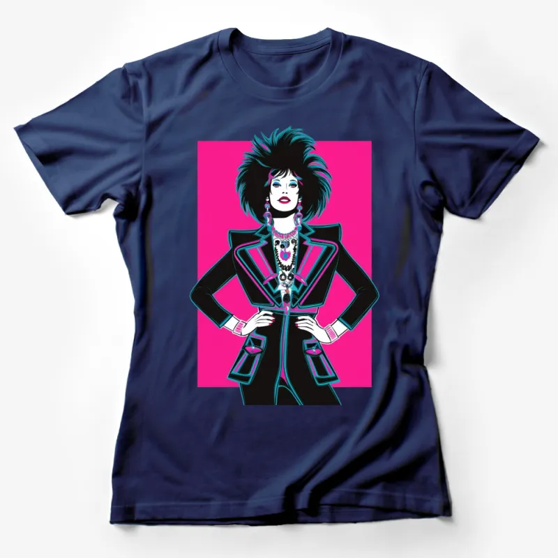 Vibrant Pink and Black Retro Fashion Illustration T-Shirt, Bold Pop Art Style, Unique Graphic Tee Female T-Shirt