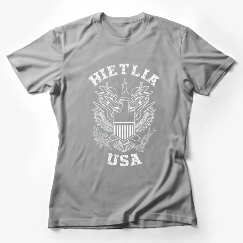 Patriotic USA Crest with Eagle and Flag Design T-Shirt, Graphic Black and White Tee, Unisex Female T-Shirt