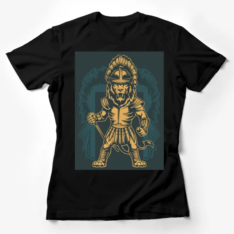 Spartan Lion Warrior Graphic T-Shirt, Golden Lion in Armor Print, Unique Men's Casual Wear, Bold Animal Design Tee Female T-Shirt