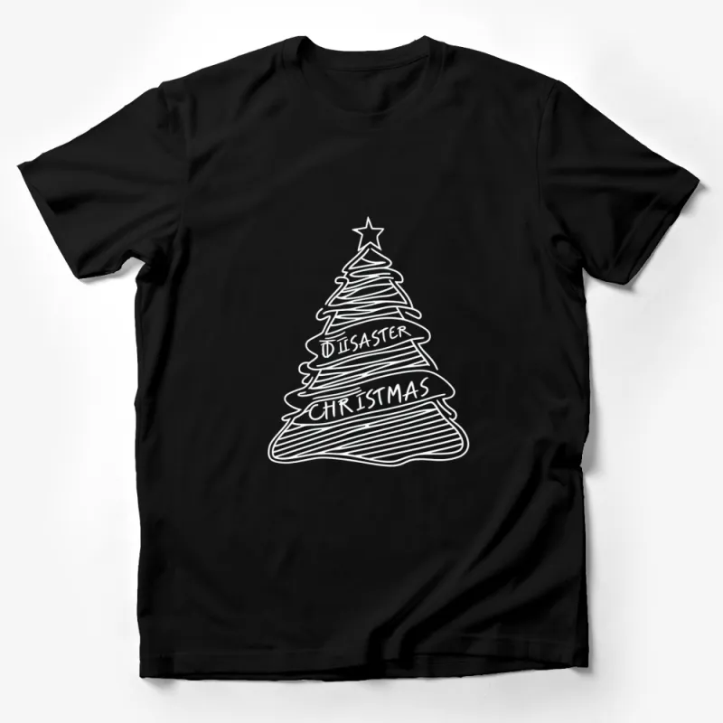 Disaster Christmas T-Shirt, Funny Holiday Tee, Unique Christmas Tree Design, Black and White Male T-Shirt