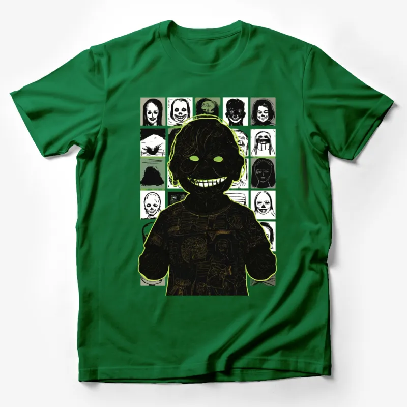 Creepy Monster Graphic T-Shirt, Horror Character Collage, Unique Dark Art Tee, Spooky Apparel Male T-Shirt