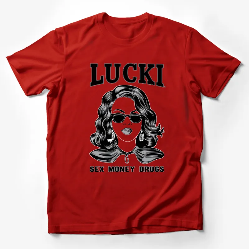 Retro Style Lucki Woman T-Shirt, Vintage Graphic Tee, Sex Money Drugs, Cool Urban Fashion, Gift for Her Male T-Shirt