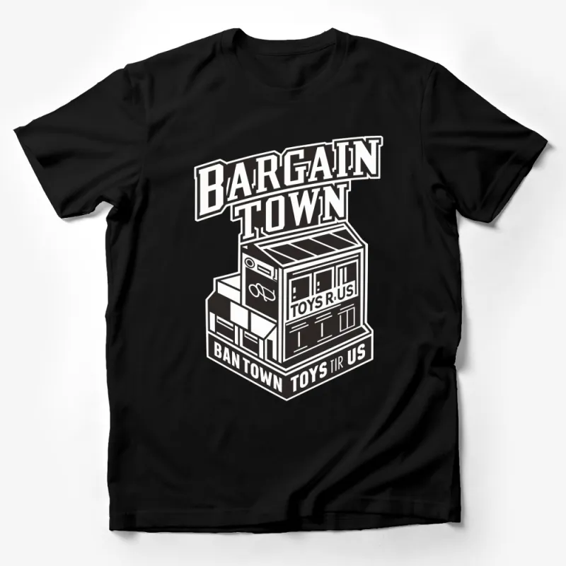 Vintage Bargain Town Toys Graphic T-Shirt, Nostalgic Toys R Us Store Tee, Retro Fashion Black and White Male T-Shirt