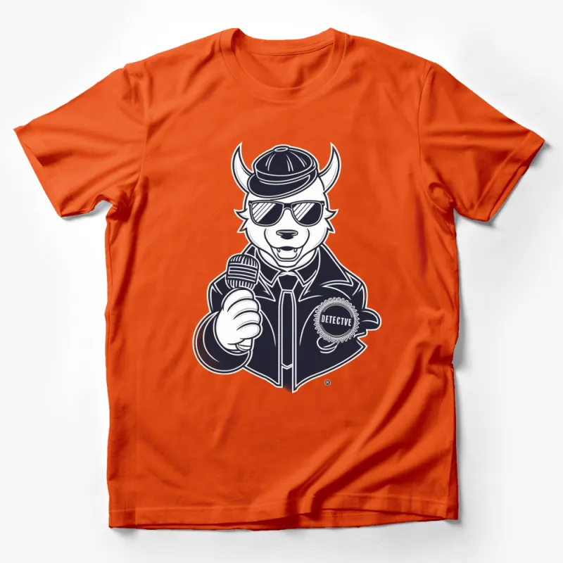 Cool Detective Bull T-Shirt, Unique Animal Graphic Tee, Hipster Bull with Sunglasses and Badge Design Male T-Shirt