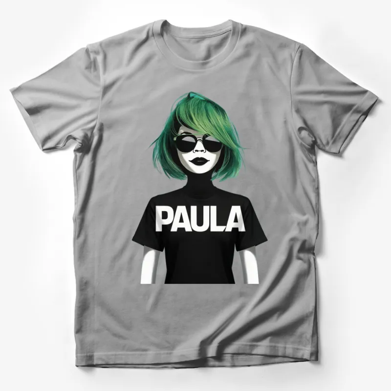 Trendy Green Hair Girl with Sunglasses and Name Paula Black T-Shirt, Stylish Graphic Tee, Unique Fashion Top Male T-Shirt