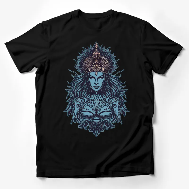 Tribal Queen Graphic T-Shirt, Blue and Gold Woman Art, Unique Bohemian Style Shirt Male T-Shirt