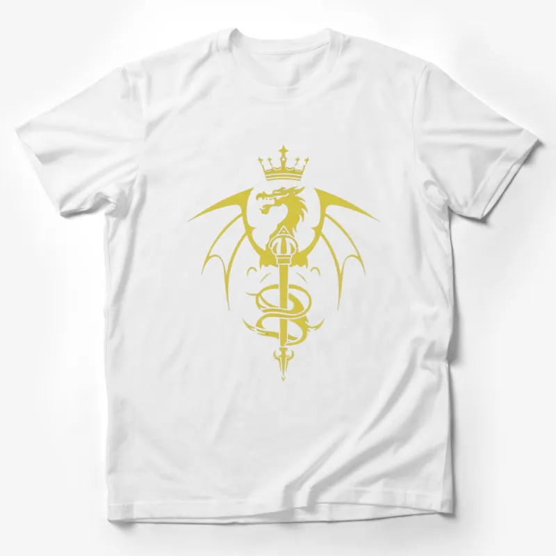 Golden Dragon and Sword Graphic T-Shirt, Fantasy Inspired, Medieval Mythology, Crown Detail Male T-Shirt