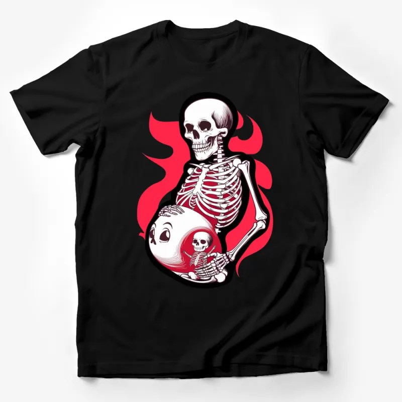 Gothic Skeleton and Ghost Art T-Shirt, Unique Red Graphic Skull Tee, Halloween Inspired Apparel, Spooky Fashion Male T-Shirt