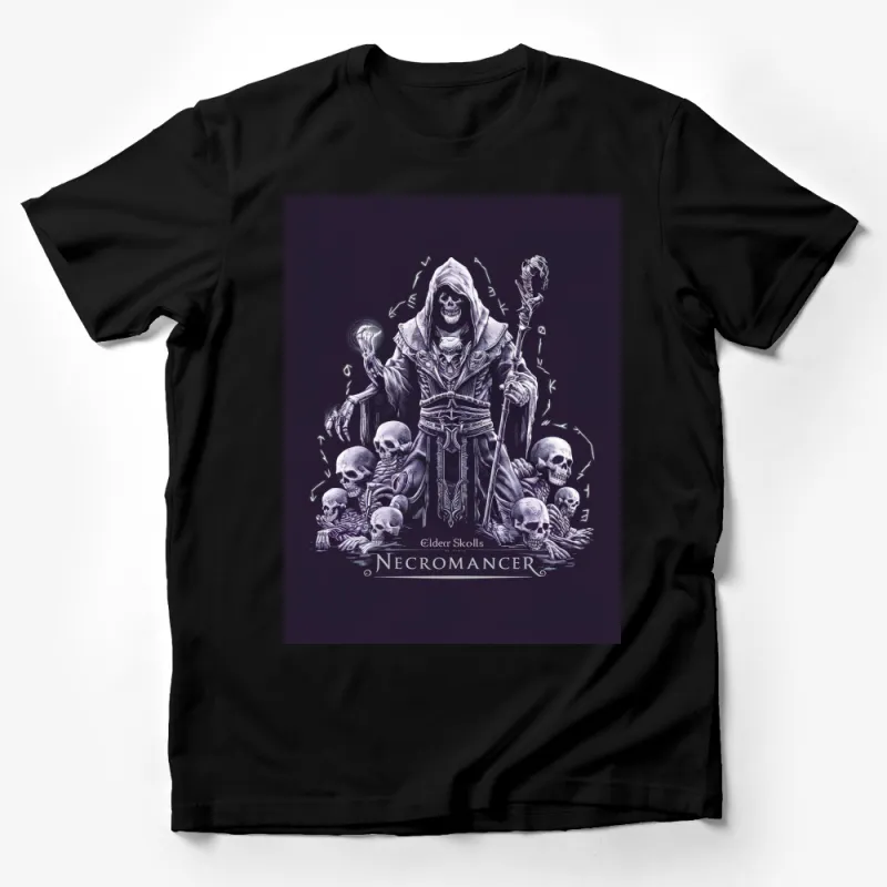 Necromancer Elder Skulls Graphic T-Shirt, Dark Fantasy Art Tee, Gothic Clothing, Cool Wizard and Skulls Design Male T-Shirt