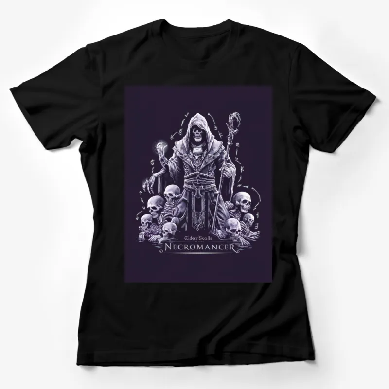 Necromancer Elder Skulls Graphic T-Shirt, Dark Fantasy Art Tee, Gothic Clothing, Cool Wizard and Skulls Design Female T-Shirt