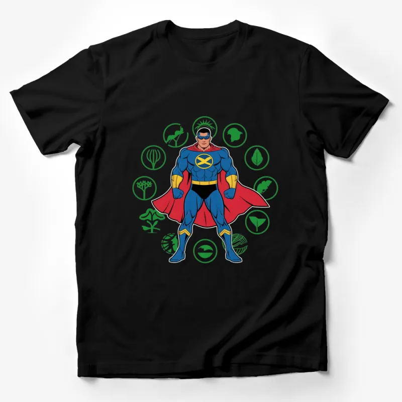 Superhero in Cape Eco Icons Graphic Print T-Shirt, Colorful Costume Tee for Comic Fans Male T-Shirt