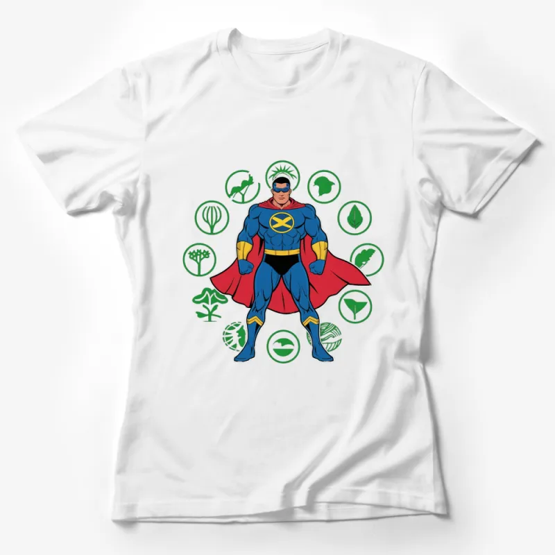 Superhero in Cape Eco Icons Graphic Print T-Shirt, Colorful Costume Tee for Comic Fans Female T-Shirt