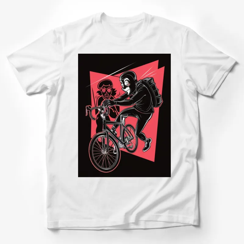 Vintage Style Thief and Lady on Bike Graphic T-Shirt, Cool Retro Art Design Shirt, Unique Streetwear, Gift for Cyclists Male T-Shirt