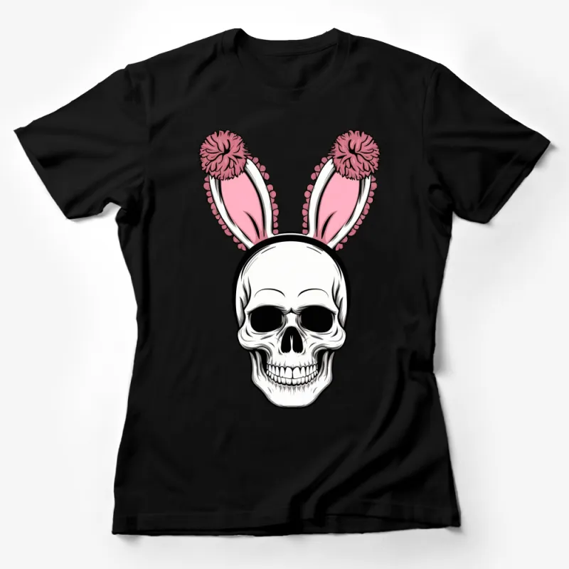 Skull with Pink Bunny Ears T-Shirt, Unique Halloween Costume Idea, Unisex Graphic Tee Female T-Shirt