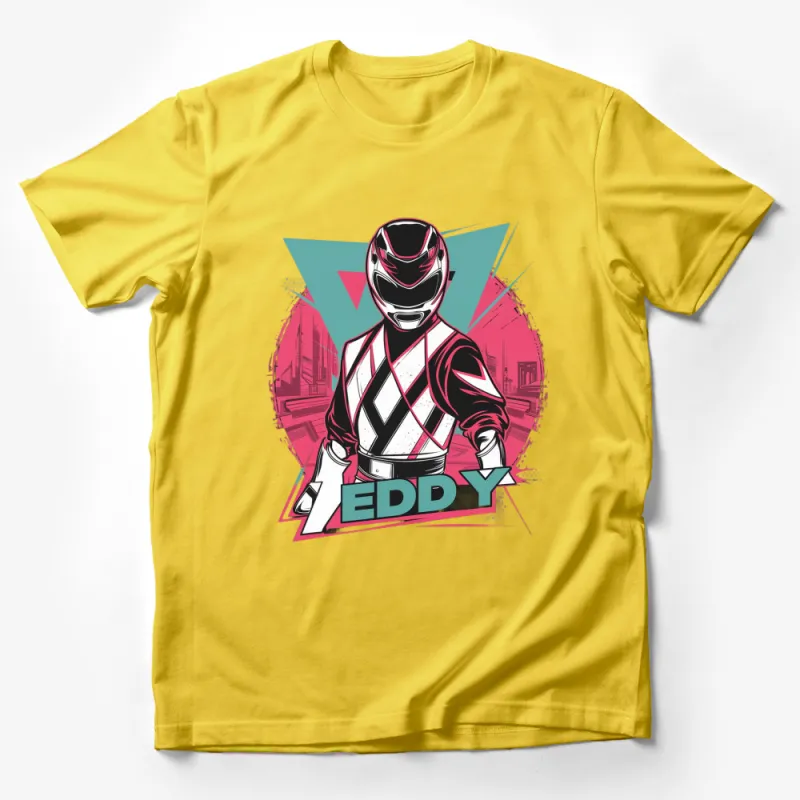 Retro Futuristic Power Ranger Inspired T-Shirt, Bold Graphic Tee in Pink and White, Personalized Name Eddy Male T-Shirt