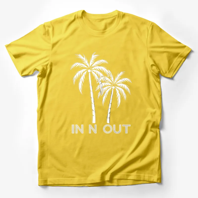 Black T-Shirt with White Palm Trees Graphic, Casual IN N OUT Beachwear Tee Male T-Shirt