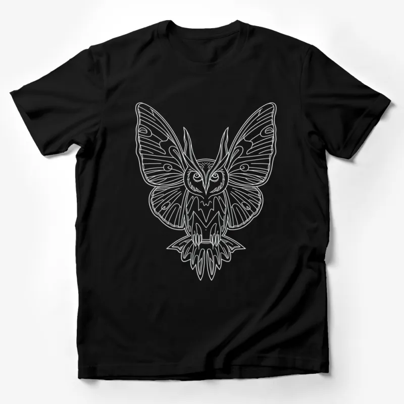 Unique Owl Butterfly Line Art T-Shirt, Stylish Monochrome Graphic Tee, Unisex Casual Wear Male T-Shirt