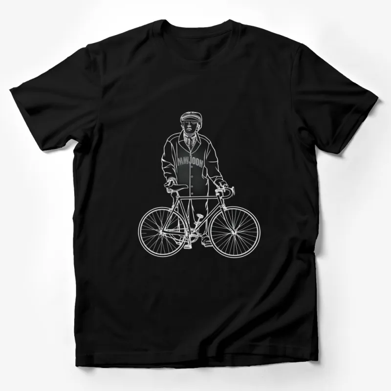 Stylish Urban Biker T-Shirt, Modern Cyclist Illustration, Trendy Monochrome Apparel Male T-Shirt