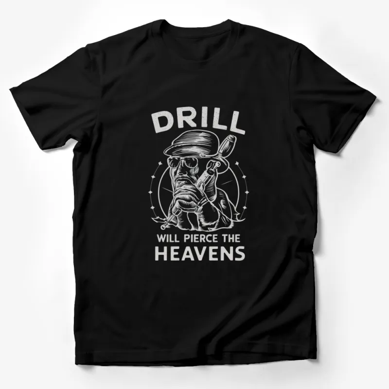 Drill Will Pierce the Heavens T-Shirt, Vintage Style Graphic Tee, Men's Black Cotton Shirt Male T-Shirt