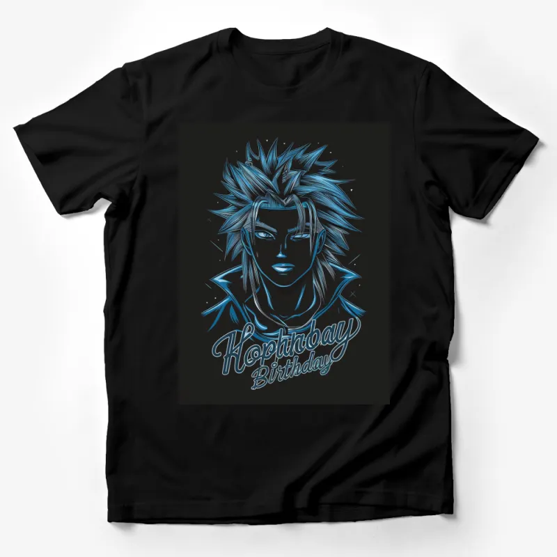 Anime Style Neon Blue Graphic T-Shirt, Cool Spiky Hair Character, Happy Birthday Design Male T-Shirt