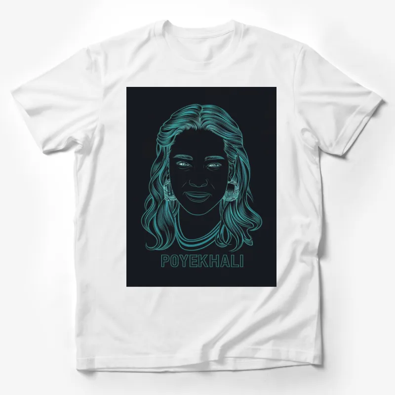 Neon Line Art Woman Portrait T-Shirt, Unique Blue Poyekhali Graphic Tee Male T-Shirt