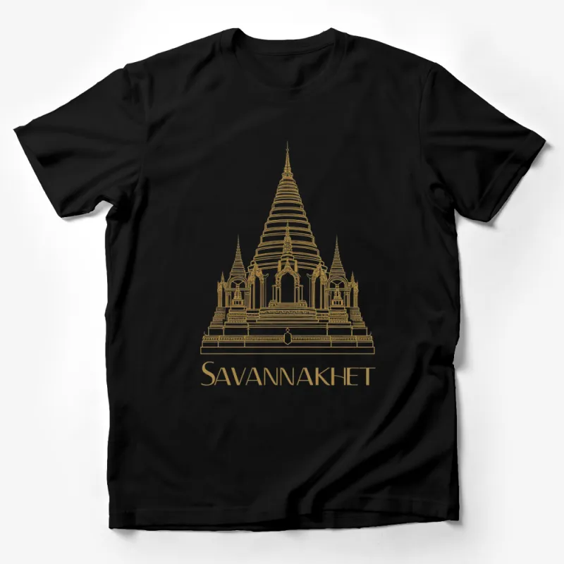 Savannakhet Temple Design T-Shirt, Elegant Golden Pagoda Graphic Tee, Unisex Adult Fashion Male T-Shirt