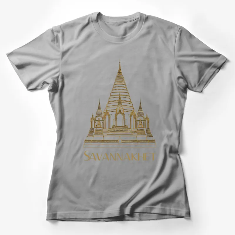 Savannakhet Temple Design T-Shirt, Elegant Golden Pagoda Graphic Tee, Unisex Adult Fashion Female T-Shirt