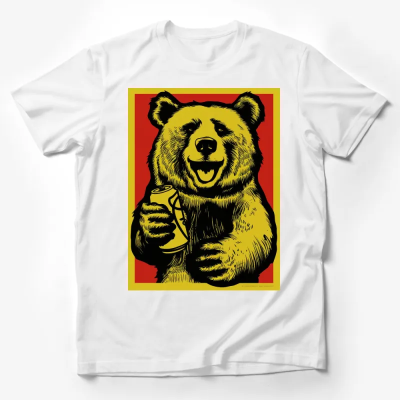 Vibrant Red and Yellow Bear Graphic T-Shirt, Cool Animal Drinking Soda Design, Unique Bold Tee Male T-Shirt