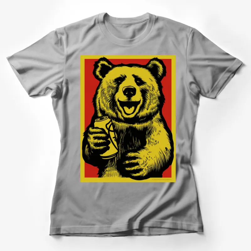 Vibrant Red and Yellow Bear Graphic T-Shirt, Cool Animal Drinking Soda Design, Unique Bold Tee Female T-Shirt