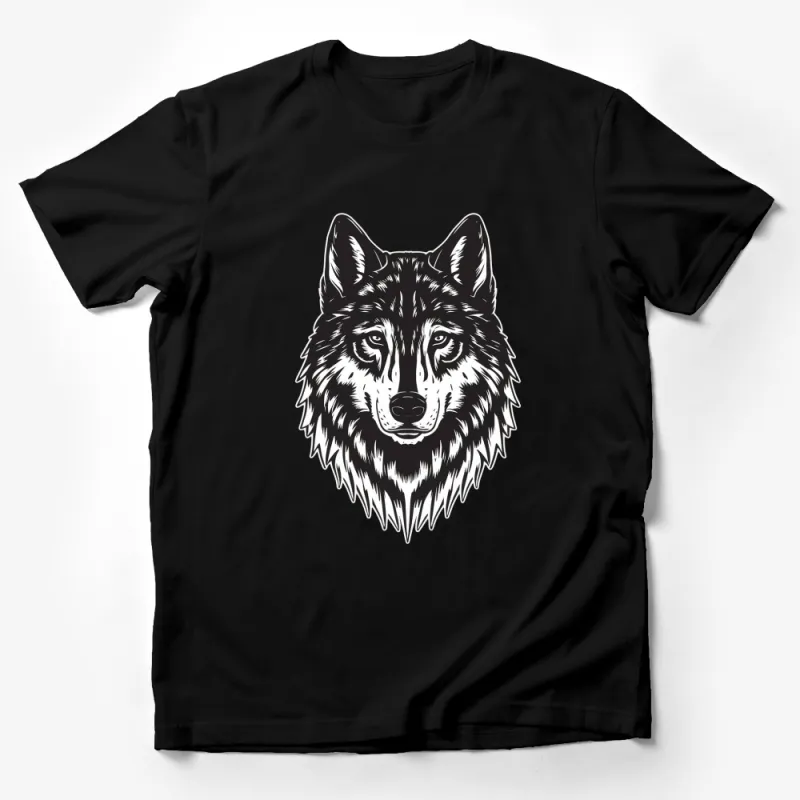 Majestic Wolf Head Graphic T-Shirt, Black and White Wolf Illustration, Unisex Male T-Shirt