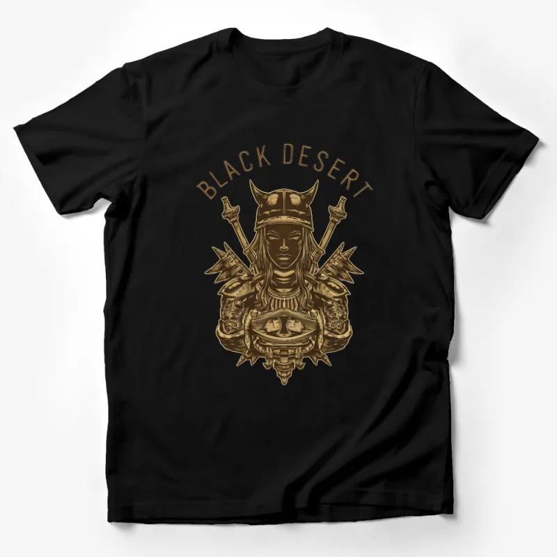 Black Desert Warrior Graphic T-Shirt, Vintage Gold Print Shirt, Unique Fantasy Art Tee for Men and Women Male T-Shirt