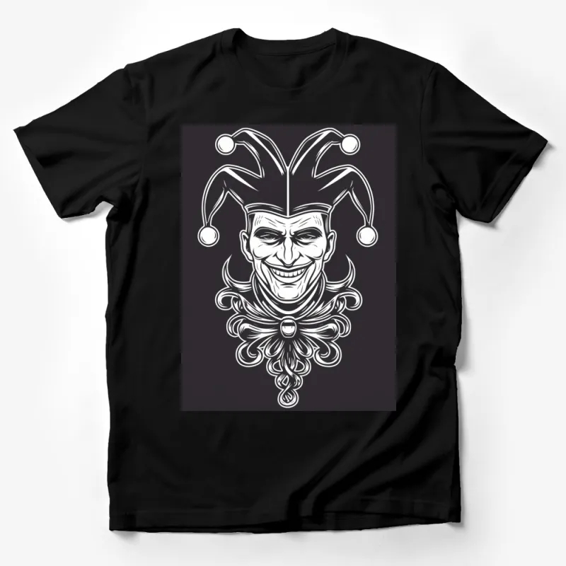 Gothic Jester T-Shirt, Spooky Clown Print, Black and White, Unisex Graphic Tee, Creepy Carnival Design, Cool and Dark Fashion Male T-Shirt