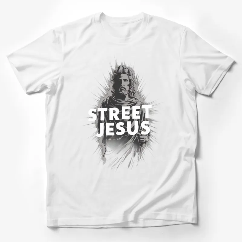 Street Jesus Graphic T-Shirt, Urban Christian Design, Bold Religious Statement Tee, Mono Art Male T-Shirt