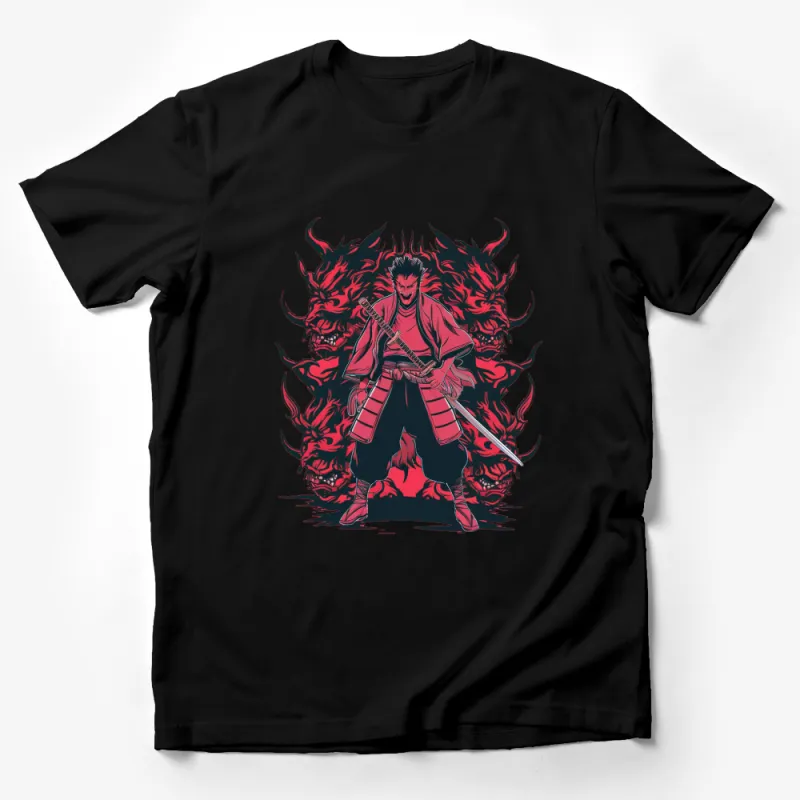 Samurai Warrior T-Shirt, Red and Black Graphic Tee, Japanese Samurai with Sword and Flames Design Male T-Shirt