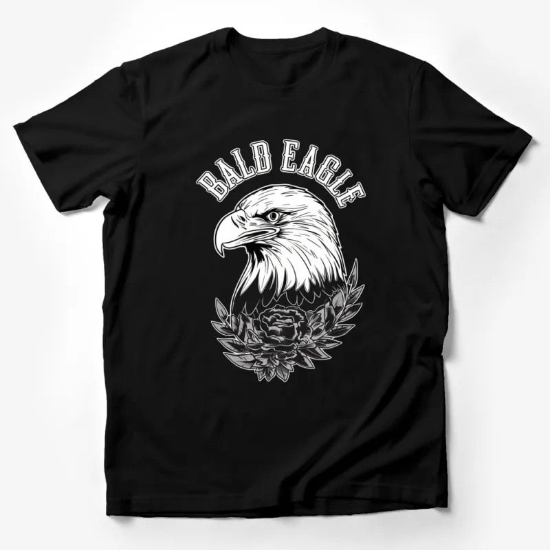 Bald Eagle Graphic T-Shirt, Black and White Eagle Design Tee, Unisex Floral Patriotic Bird Shirt Male T-Shirt