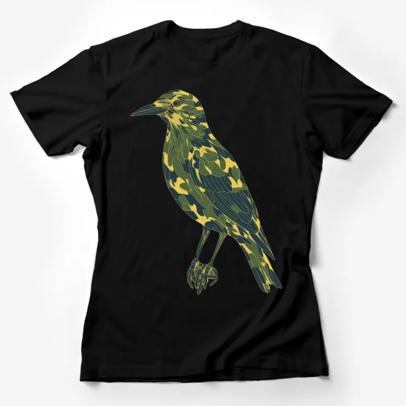 Artistic Green Camouflage Bird T-Shirt, Unique Nature-Inspired Graphic Tee, Eco-Friendly Cotton Shirt, Unisex Fashion Female T-Shirt