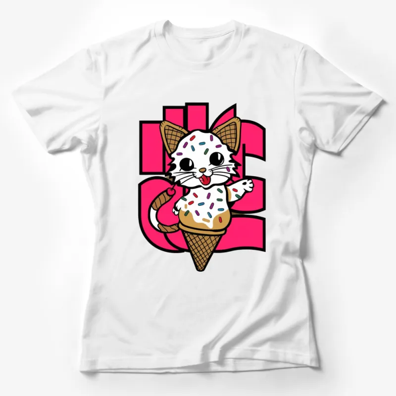 Cute Cat Ice Cream Cone T-Shirt, Colorful Kitten Graphic Tee, Fun Kids' Summer Clothing, Gift for Cat Lovers Female T-Shirt