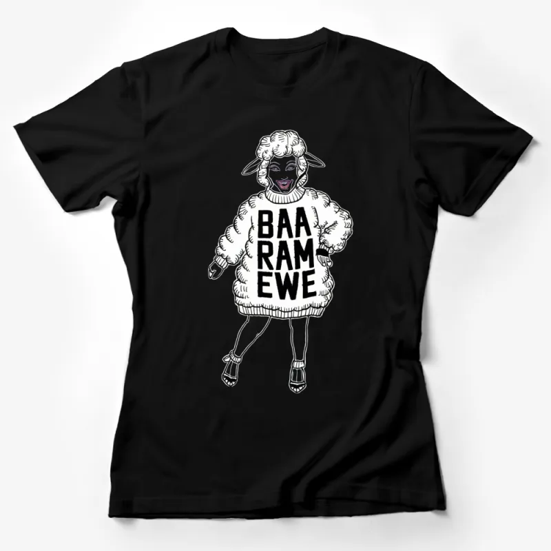 Baa Ram Ewe Sheep Graphic T-Shirt, Funny Sheep in Sweater Design, Cool Black and White Tee Female T-Shirt