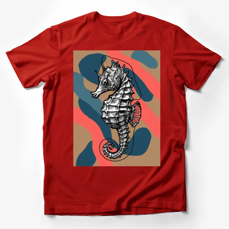 Unique Seahorse Graphic T-Shirt, Artistic Ocean Animal Print, Unisex Casual Wear Male T-Shirt