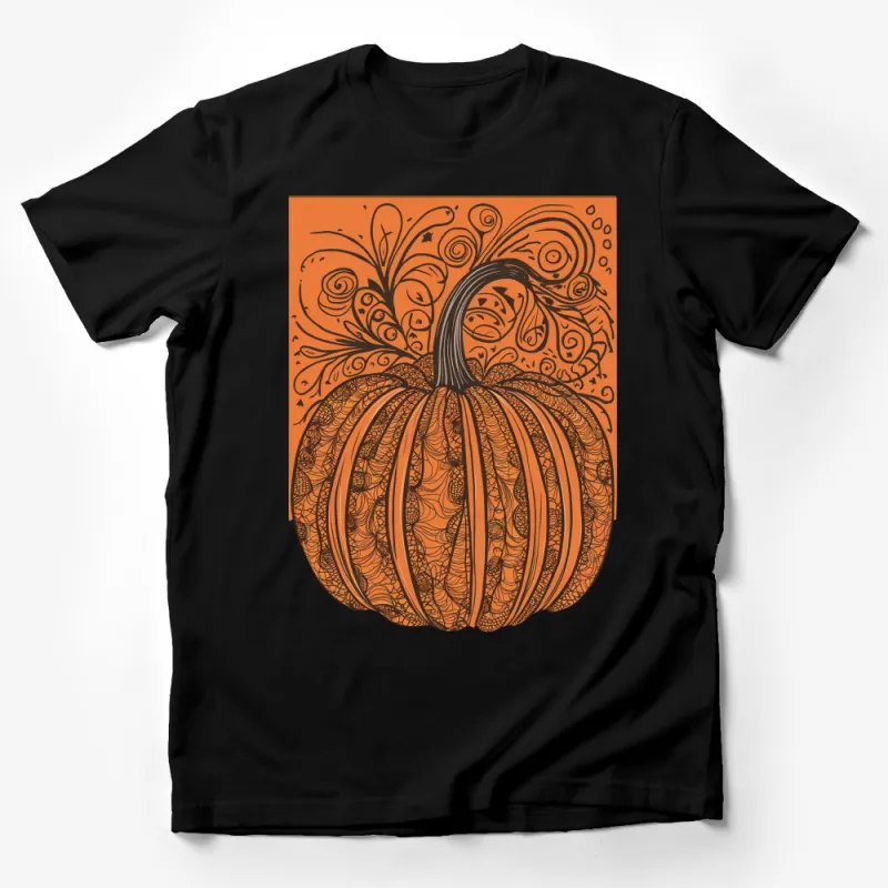 Intricate Pumpkin Design T-Shirt, Autumn Vibes Graphic Tee, Fall Fashion Artistic Top Male T-Shirt